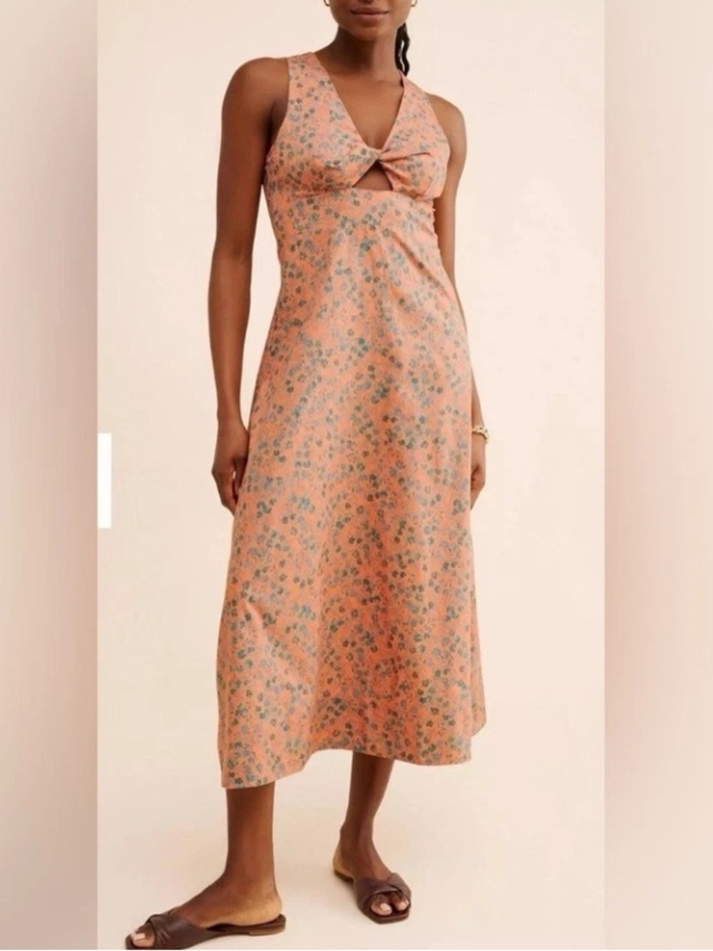 Madewell Twist Front Dress Orange Green Floral Midi Cutout V Neck Cotton Size 10